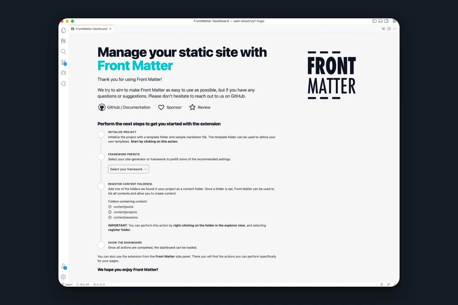 Front Matter CMS:Welcome screen